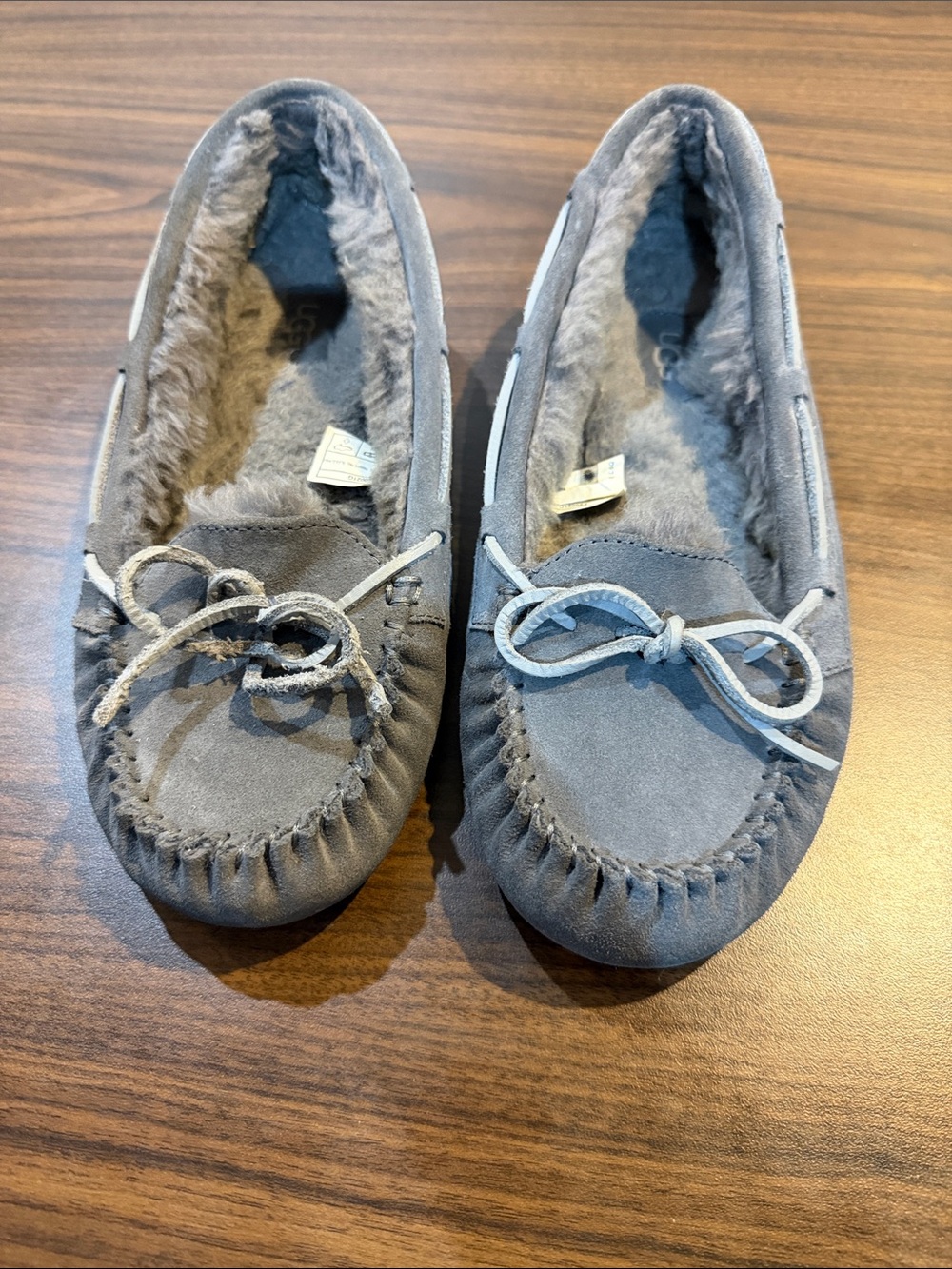 UGG Women’s Gray Faux-Suede Moccasin Slippers with Faux-Fur Lining